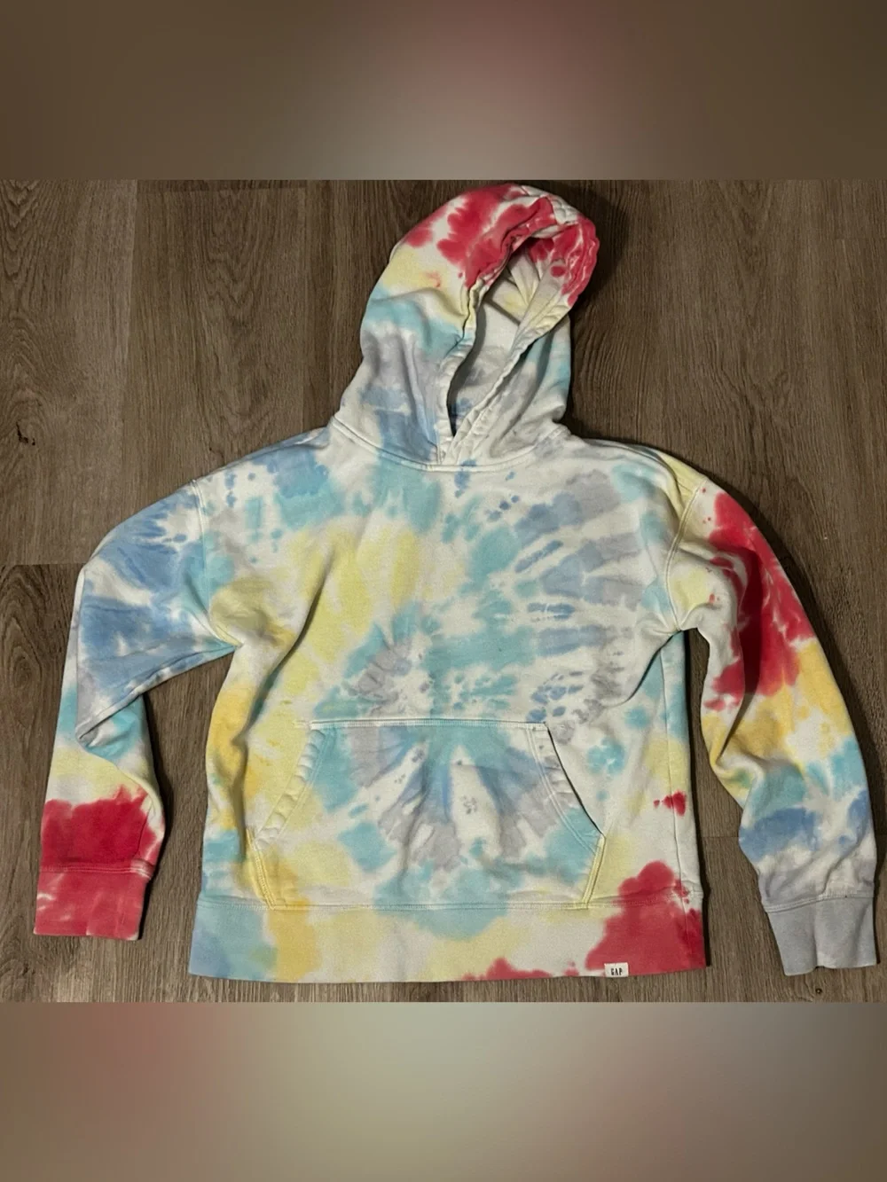 GAP Kids Tie Dye Hoodie XL (12) Blue Yellow Pink Pullover Sweatshirt